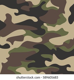 Camouflage pattern background. Classic clothing style masking camo repeat print. Green brown black olive colors forest texture. Design element. Vector illustration