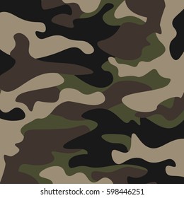 Camouflage pattern background. Classic clothing style masking camo repeat print. Green brown black olive colors forest texture. Design element. Vector illustration.