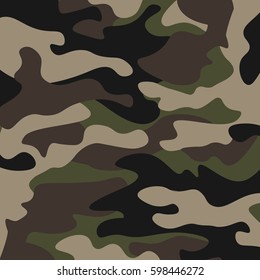 Camouflage pattern background. Classic clothing style masking camo repeat print. Green brown black olive colors forest texture. Design element. Vector illustration.