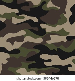 Camouflage pattern background. Classic clothing style masking camo repeat print. Green brown black olive colors forest texture. Design element. Vector illustration.