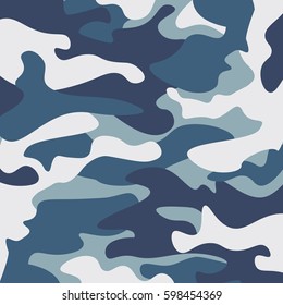 Camouflage pattern background. Classic clothing style masking camo repeat print. Blue, navy cerulean grey colors forest texture. Design element. Vector illustration.