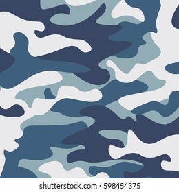 Camouflage pattern background. Classic clothing style masking camo repeat print. Blue, navy cerulean grey colors forest texture. Design element. Vector illustration.