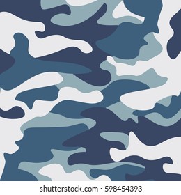 Camouflage pattern background. Classic clothing style masking camo repeat print. Blue, navy cerulean grey colors forest texture. Design element. Vector illustration.