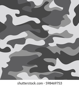 Camouflage pattern background. Classic clothing style masking camo repeat print. Black grey white colors winter ice texture. Design element. Vector illustration.