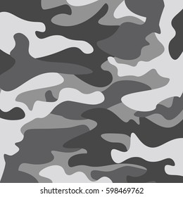 Camouflage pattern background. Classic clothing style masking camo repeat print. Black grey white colors winter ice texture. Design element. Vector illustration.