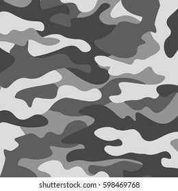 Camouflage pattern background. Classic clothing style masking camo repeat print. Black grey white colors winter ice texture. Design element. Vector illustration.
