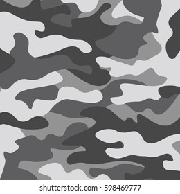 Camouflage pattern background. Classic clothing style masking camo repeat print. Black grey white colors winter ice texture. Design element. Vector illustration.