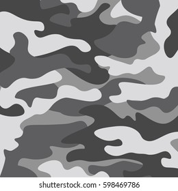 Camouflage pattern background. Classic clothing style masking camo repeat print. Black grey white colors winter ice texture. Design element. Vector illustration.
