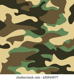 Camouflage pattern background. Classic clothing style masking camo repeat print. Green brown black olive colors forest texture. Design element. Vector illustration.