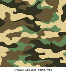Camouflage pattern background. Classic clothing style masking camo repeat print. Green brown black olive colors forest texture. Design element. Vector illustration.