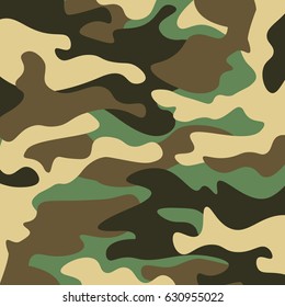 Camouflage pattern background. Classic clothing style masking camo repeat print. Green brown black olive colors forest texture. Design element. Vector illustration.