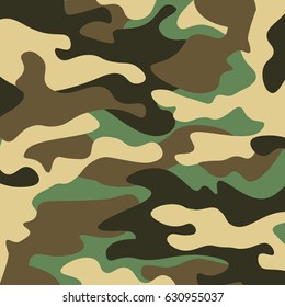 Camouflage pattern background. Classic clothing style masking camo repeat print. Green brown black olive colors forest texture. Design element. Vector illustration.