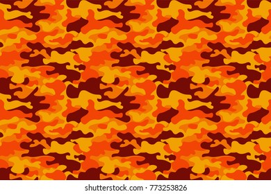 Camouflage pattern background. Classic clothing style masking camo repeat print. Fire orange brown yellow colors forest texture. Design element. Vector illustration