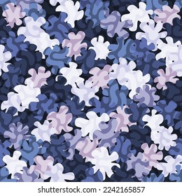 Camouflage pattern background. Decorative clothing style masking camo repeat print. Violet blue, urban, marine navy or airforce texture. Design element. Vector illustration.