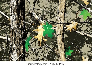 Camouflage pattern background for hunting and military purposes. Woodland hunting camouflage seamless pattern with tree bark.