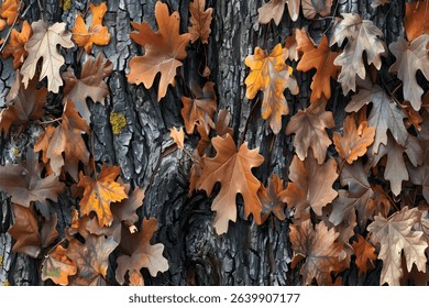 A camouflage pattern background with oak leaves and branches, featuring realistic tree textures for hunting or outdoor activities