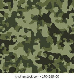 Camouflage pattern background, seamless Camo military print texture. Green brown black olive colors forest. Vector wallpaper