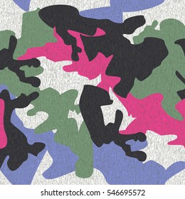 Camouflage pattern background seamless clothing print, repeatable camo glamour grunge of scratch vector. Pink, green, grey, black, blue