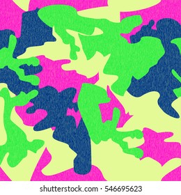 Camouflage pattern background seamless clothing print, repeatable camo glamour grunge of scratch vector. Pink, lime, green,  navy
