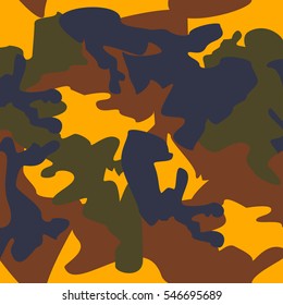 Camouflage pattern background seamless clothing print, repeatable camo glamour vector. Yellow, brown, blue, olive