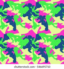 Camouflage pattern background seamless clothing print, repeatable camo glamour grunge of scratch vector. Pink, lime, green,  navy