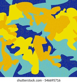 Camouflage pattern background seamless clothing print, repeatable camo glamour grunge of scratch vector. Yellow, blue