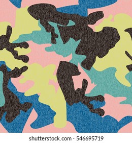 Camouflage pattern background seamless clothing print, repeatable camo glamour grunge of scratch vector. Pink, lime, green, blue, black