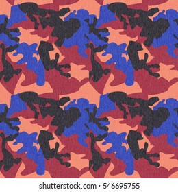 Camouflage pattern background seamless clothing print, repeatable camo glamour grunge of scratch vector. Pink, blue, black