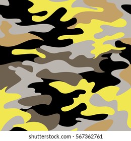 Camouflage pattern background seamless clothing print, repeatable camo glamour bright vector. Yellow, black, gray
