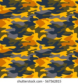 Camouflage pattern background seamless clothing print, repeatable camo glamour vector. Yellow, brown, blue, olive