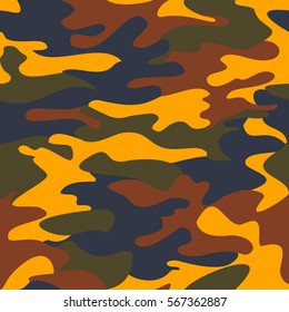 Camouflage pattern background seamless clothing print, repeatable camo glamour vector. Yellow, brown, blue, olive