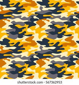 Camouflage pattern background seamless clothing print, repeatable camo glamour vector. Yellow, brown, blue, olive