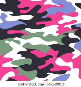 Diseño de camuflaje en segundo plano sin fisuras, vectores repetibles de glamour de camo. Rosa, marina, blanca, verde