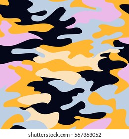 Camouflage pattern background seamless clothing print, repeatable camo glamour bright vector. Pink, blue, yellow, black
