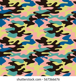 Camouflage pattern background seamless clothing print, repeatable camo glamour bright vector. Pink, lime, green, blue, yellow