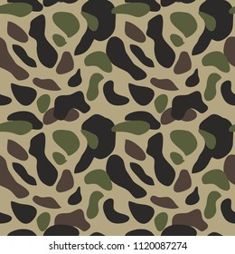 Camouflage pattern background seamless vector illustration. Classic military clothing style. Camo repeat texture shirt print. Green brown black olive colors forest texture