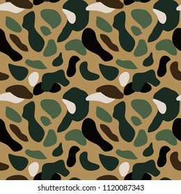 Camouflage pattern background seamless vector illustration. Classic military clothing style. Camo repeat texture shirt print. Green brown black grey colors jungle texture