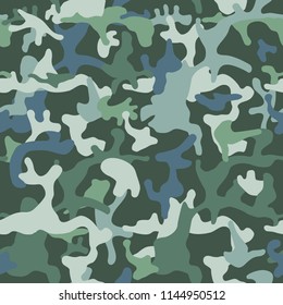 Camouflage pattern background seamless vector illustration. Classic clothing style masking camo repeat print. Green colors forest texture. 