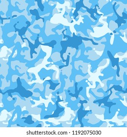 Camouflage pattern background, seamless vector illustration. Military clothing style. Masking army camo, repeat print for wallpapers or prints on fabric. Blue, sea colors.