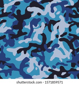 Camouflage pattern background seamless vector illustration. Classic clothing style masking camo repeat print. blue color