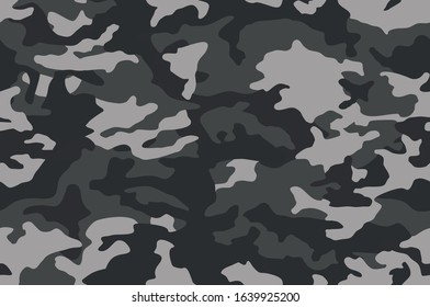 Camouflage pattern background, seamless vector illustration. Classic clothing style masking dark camo, repeat print. Grey and black texture