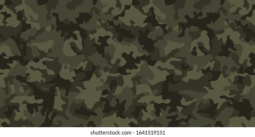 Camouflage pattern background, seamless vector illustration. Classic military clothing style. Masking camo repeat print. Dark green khaki texture. 