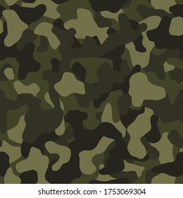 Camouflage pattern background, seamless vector illustration. Classic military clothing style. Masking camo repeat print. Dark green khaki texture. 
