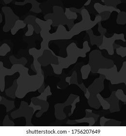Camouflage pattern background, seamless vector illustration. Classic clothing style masking dark camo, repeat print.  Black texture