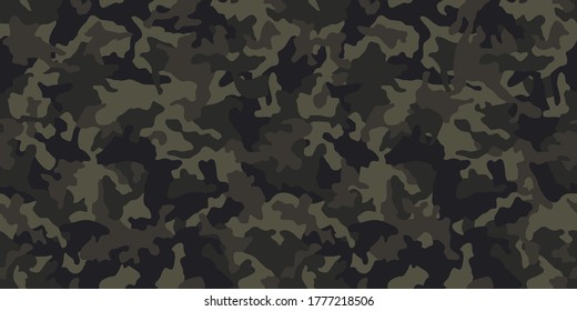 Camouflage pattern background, seamless vector illustration. Classic military clothing style. Masking camo repeat print. Dark green khaki texture