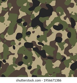 Camouflage pattern background seamless vector illustration. Classic clothing style masking camo repeat print. Green brown black olive colors forest texture