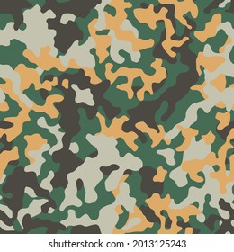 Camouflage pattern background, seamless vector illustration. Classic clothing style masking camo repeat print. Green, brown and yellow colors, autumn forest texture. 