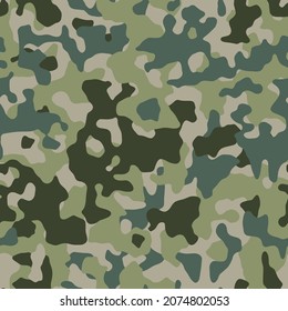 Camouflage pattern background, seamless vector illustration. Classic clothing style masking camo repeat print. Green brown black olive colors forest texture. 