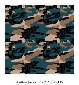 Camouflage pattern background seamless vector illustration. Classic clothing style masking camo repeat print. Green brown black olive colors forest.