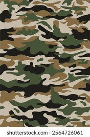 Camouflage pattern background seamless vector illustration. Classic clothing style masking camo repeat print. Green brown black olive colors forest texture